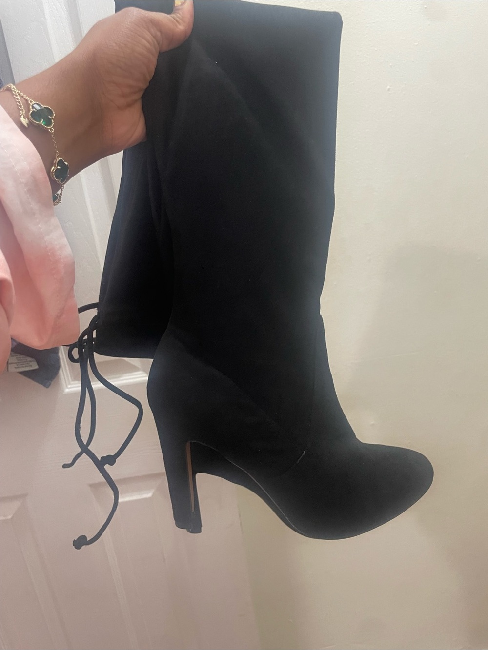 Express Black Suede-Look Knee Boots with Tie Back